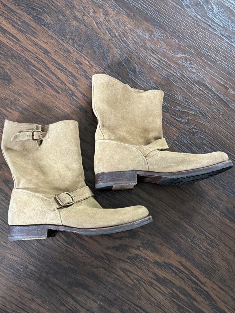 Frye Tan Suede Buckle Ankle Boots, Sz 11